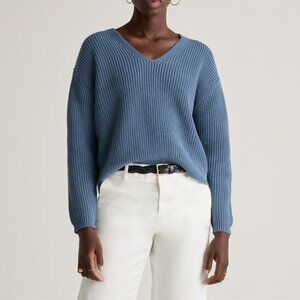 Quince 100% Organic Cotton Fisherman V-Neck Sweater in Glacier Blue